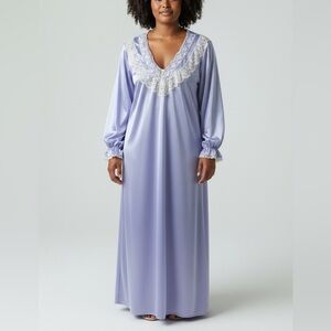 Queentex Vintage Purple Satin Lace Robe Women’s L‎ Long Sleeve Bridal Housecoat